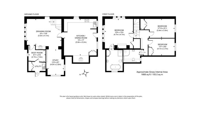 The floor plan for Priest's House, showing ground floor with open-plan kitchen and dining room, sitting room, snug and utility room, and first floor with one bedroom with en-suite bathroom, two further bedrooms and a shower room.